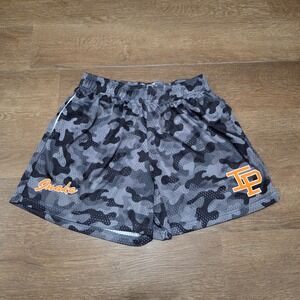 Inaka Power Mens Grey Camo Mesh Gym Shorts Size Medium Orange Logo 5 Inch Inseam